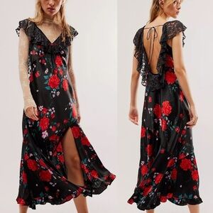 Free People Rose Bloom Red Black Floral Velvet Lace Trim Romantic Maxi Dress L